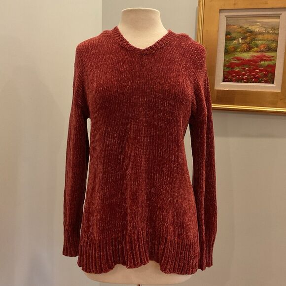 LOFT Outlet Chenille Hoodie Sweater Red Rust‎ Pullover V-Neck Size S NWT - Picture 1 of 6